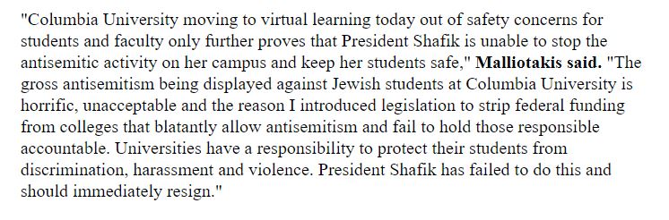 Rep. Nicole Malliotakis, the only House R representing part of NYC, calls for resignation of Columbia's president over escalation of anti-Israel protests on campus: