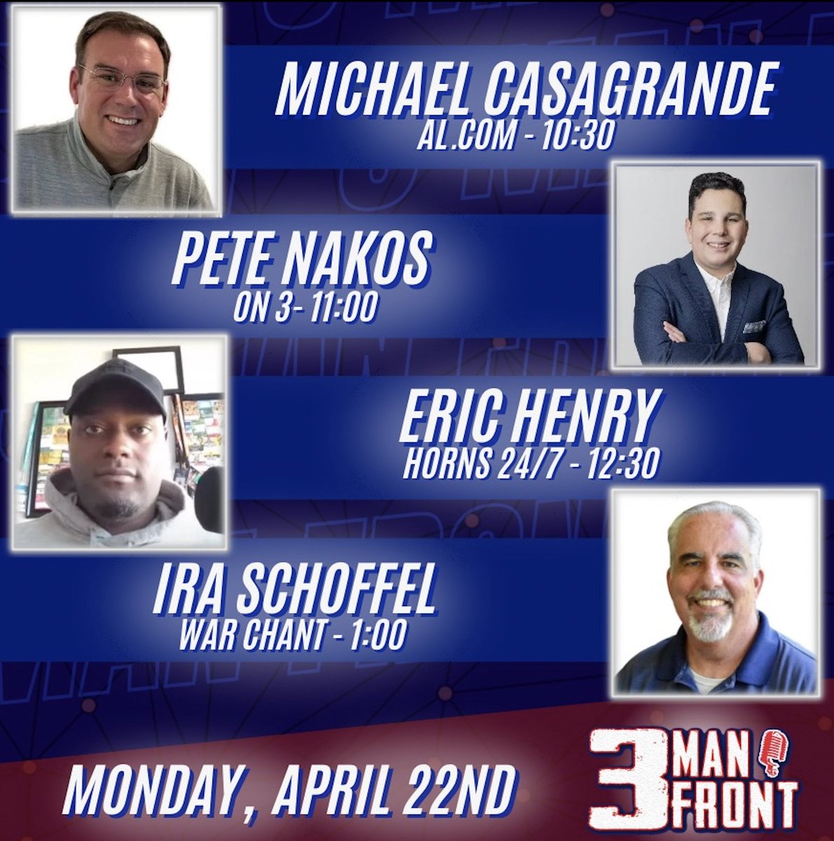 Coming up at ten on @3ManFront ... 10:30 @ByCasagrande 11:00 @PeteNakos_ 12:30 @EricCHenry_ 1:00 @IraSchoffel 📻 @WJOX945 📱 JOXFM App