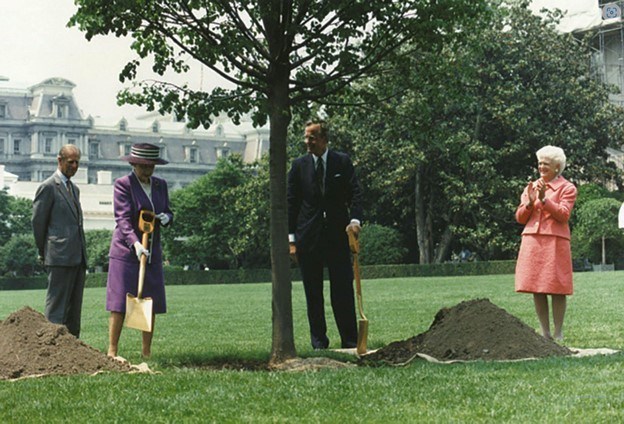 Happy Earth Day! Let’s take a moment to appreciate and cherish the beauty of our shared home. Enjoy this photo from 1991 of George and Barbara Bush planting a tree on the South Grounds center panel with Queen Elizabeth and Prince Philip.