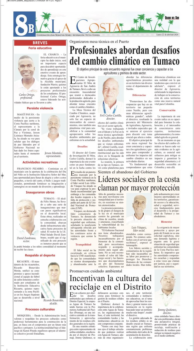 #SeDiceEnLosMedios “Profesionales abordan desafíos del cambio climático en Tumaco”. Allí coversaron con el director del Centro de investigación El Mira. Vía @DiariodelSur3