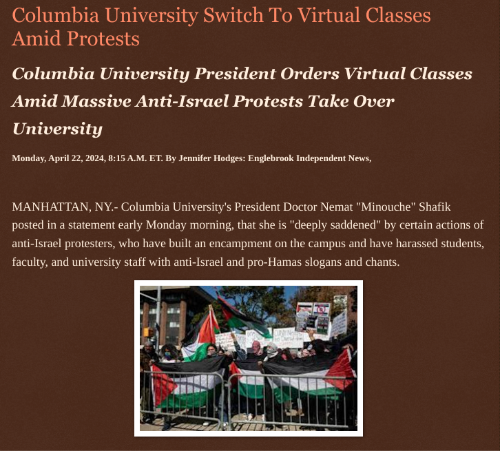 ArtFletcher9's tweet photo. Monday, April 22, 2024
@Columbia @University #Switch To #Virtual_Classes Amid @Protests #ColumbiaUniversity #President #Orders @Virtual_Classes Amid #Massive @Anti_Israel #Protests @Take_Over #University @manhattanny @wireless_step @HRG_Media @LodiNJNews @Breaking911 @Breaking24_7 @gator4kb18 @MichelleF_35 @TrumpWasRite @Heather46389844 @SugarMAGA @SarahGeving1 @Shannon96574094 @Kimberley1usa @KathyKbrose @julie_dutto @ramsey_lewis007 @Mc37793422David @Booker10038 @IsraeliAvraham @shimrat1onal @MagaisLife @janninereid1 @TJ_Patriot1 @fordmb1 @1stMzZee @ECOAlphaTango @Y6s8D8vmnCo394k @SAM002024