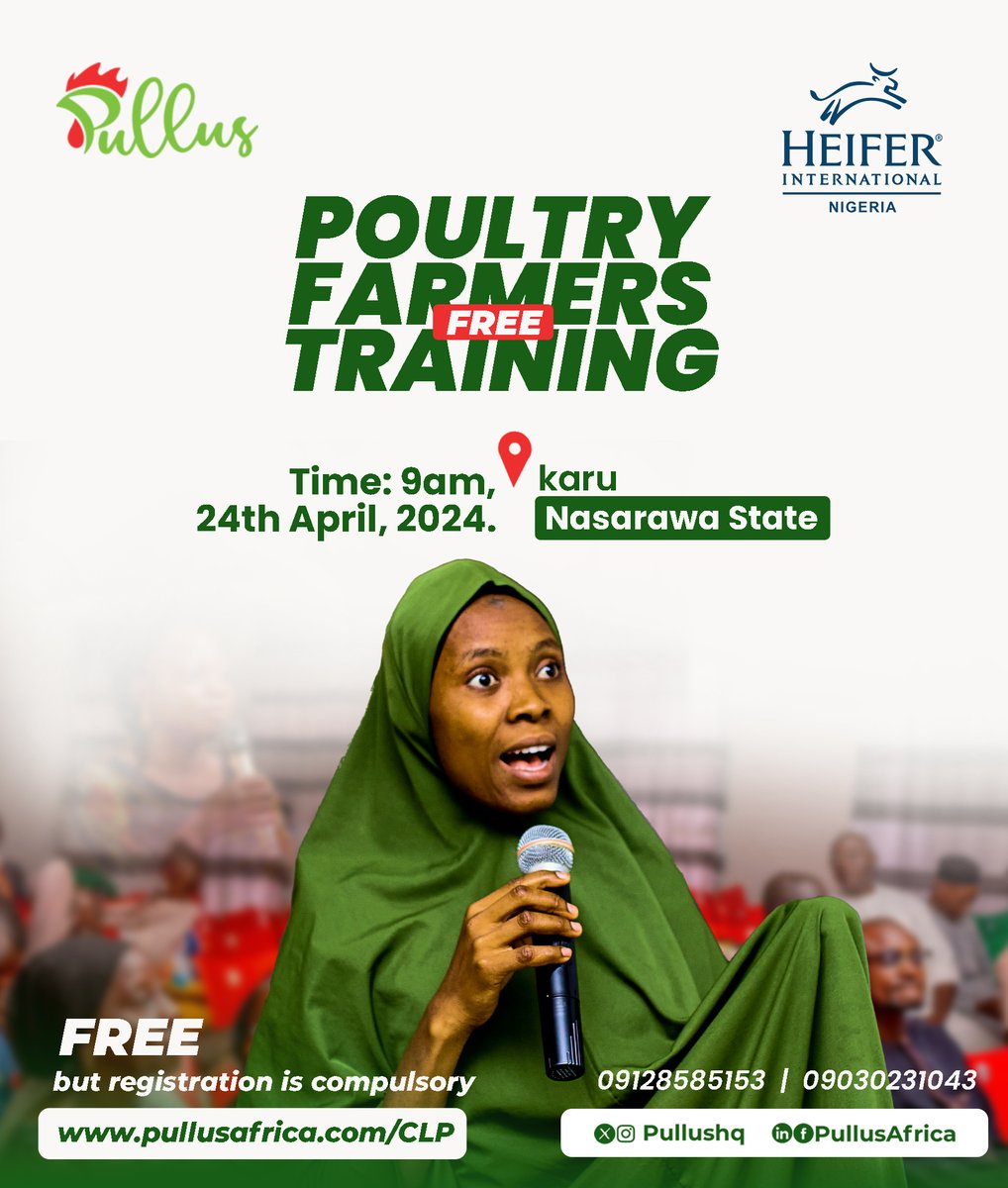 Pullus Africa in partnership with @heifernigeria , is thrilled to announce our next batch of Poultry Farmers Training in Karu, Nasarawa State.
Training is free but registration is compulsory. Secure your spot today at pullusafrica.com/CLP
#PullusAfrica #HeiferNigeria