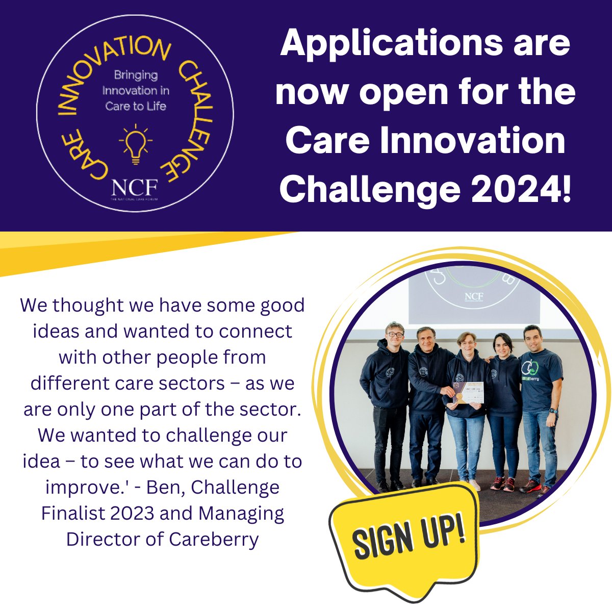 📣5 weeks until applications for the #CareInnovationChallenge 2024 close! Apply now: ow.ly/M4Lb50Rl9WA Hear more about team @CareberryCares and their experience as finalists last year here >>> ow.ly/oMcE50Rl9Wx