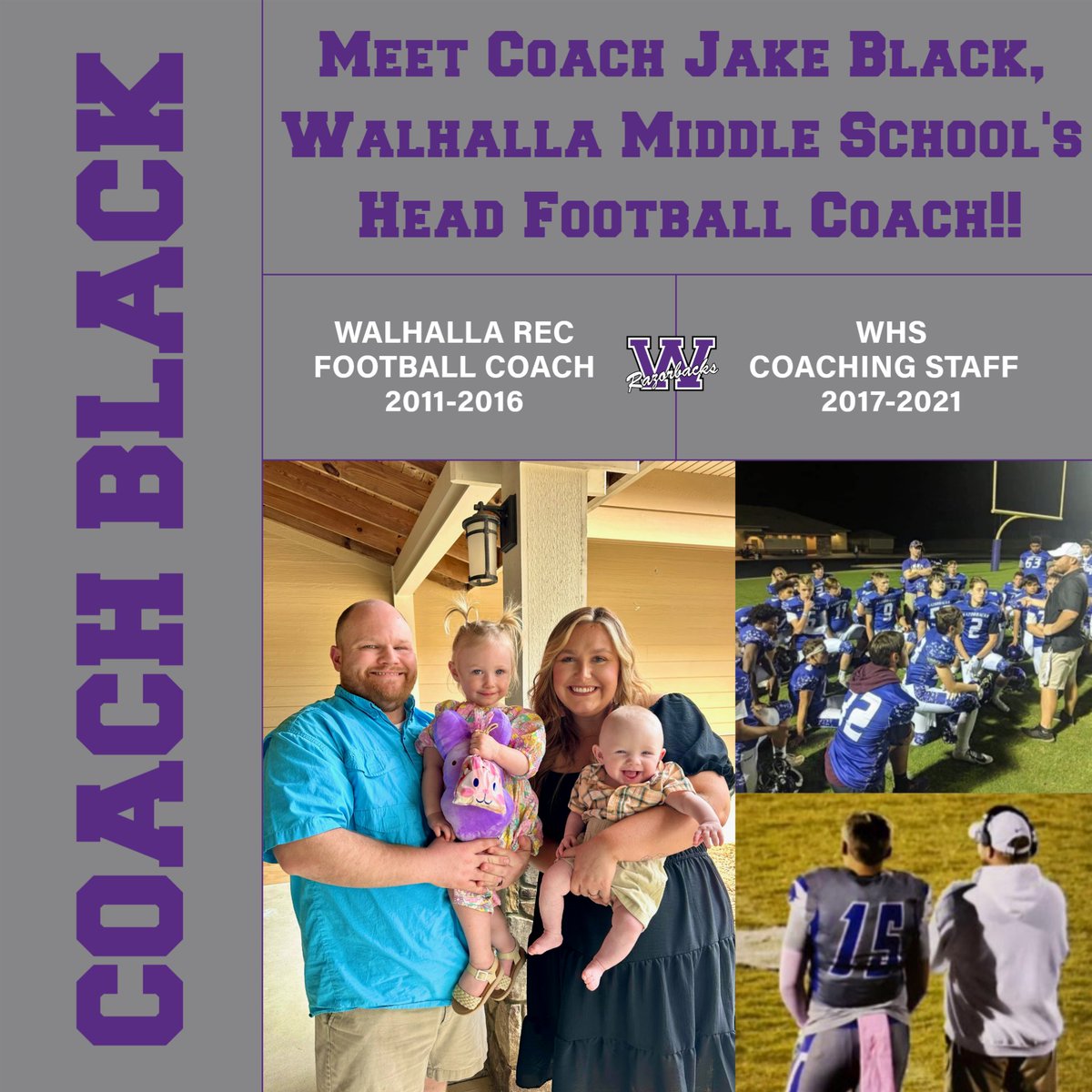 RazorbacksA's tweet photo. Since we talking football meetings tonight...thought we would share the good news, IFYKYK!!
Introducing COACH JAKE BLACK, Walhalla Middle School's NEW HEAD FOOTBALL COACH!!
Give it UP for COACH JAKE BLACK!!!
#OnceARazorbackAlwaysARazorback
#PurpleStateOfMind https://t.co/UVHDdfQt65