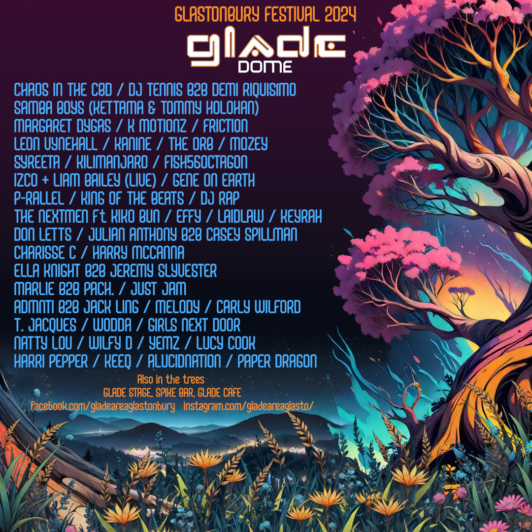 The @GladeAreaGlasto returns for Glastonbury 2024 with a superb line-up of DJs and live acts playing eclectic grooves, electronic beats, reggae, dub and disco under the leafy canopies!