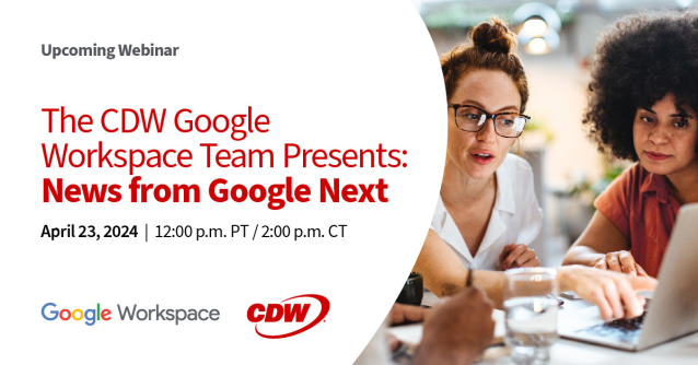 Ready to hear about the next innovations in #GoogleCloud and #GoogleWorkspace? Don’t miss the upcoming @CDWCorp webinar on April 23, featuring insights into everything announced at Google Next ’24! What’s a solution you’re hoping for this year? dy.si/yVmLi