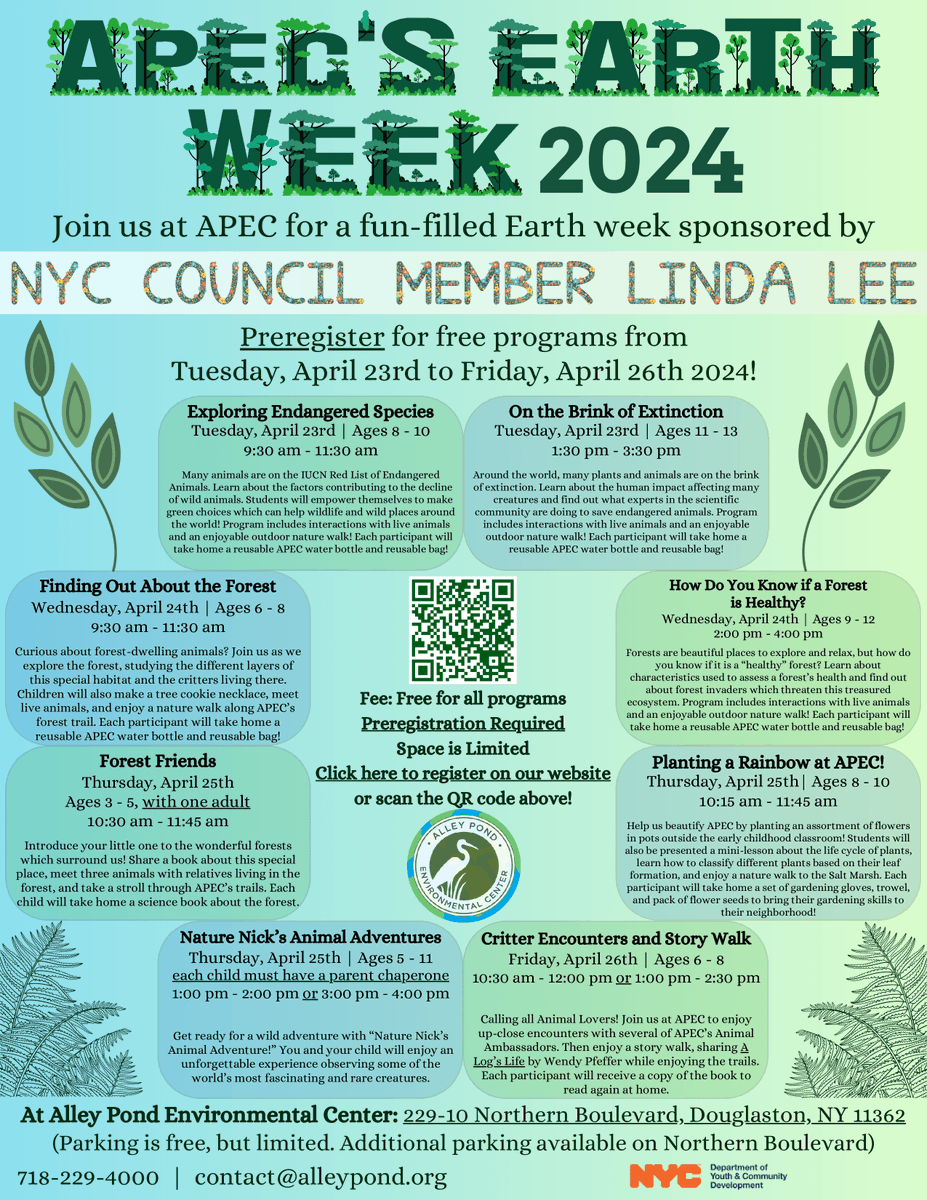 Happy Earth Day! 🌎 I am proud to sponsor APEC's week-long programming of fun events for our children to learn about sustainability and our Eastern Queens environment. Please see the flyer below to register for Earth Week 2024!