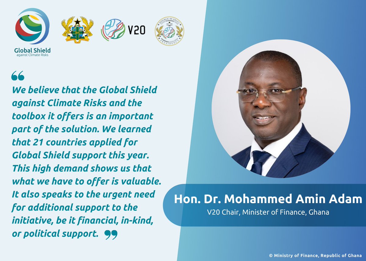 Hon. Dr. Mohammed Amin Adam, Co-Chair of the #GlobalShield and V20 Chair, highlights the high demand for Global Shield support and the urgent need for additional resources ⤵️

Read the full press release here: globalshield.org/news/global-sh…