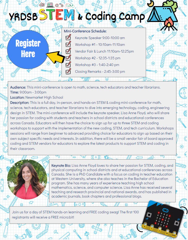 Calling all secondary @YRDSB STEM Ts! Join us on May 6th at the YRDSB STEM & Coding Camp! @osstfd16t_ot Keynote @lisaannefloyd + workshops + vendors @ExploreLearning @pascoscientific @BorealScience @Perimeter @LetsTalkScience @OT_Outreach @LOGICSAcademy docs.google.com/presentation/d…