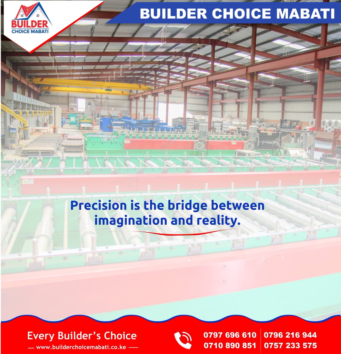 A state-of-the-art production line that guarantees maximum precision on your order.

To shop for mabati, click the link below.

builderchoicemabati.co.ke/shop/

#BuilderChoice #BuildBetter
