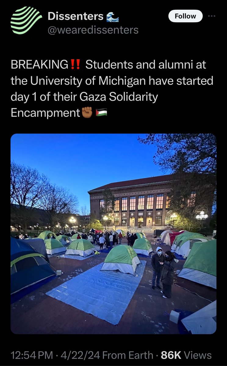 Emboldened by the CHAZ-style occupations at @Columbia & @Yale, far-left & Palestine nationalist extremists are beginning another encampment at @UMich. All of this is part of the liberal normalization of leftist extremism popularized by BLM, Antifa & those on the far-left who
