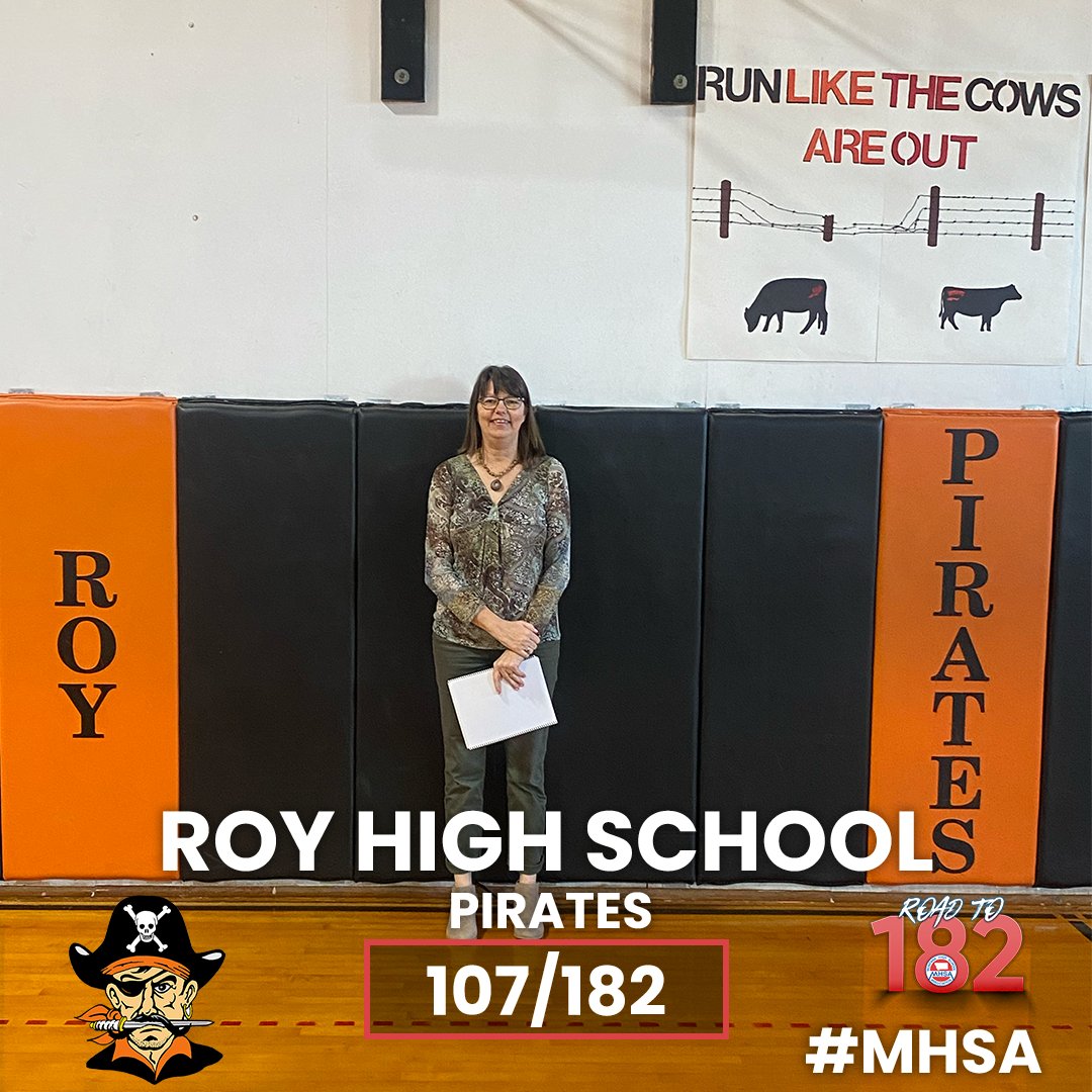 (107/182) Roy High School MHSA's Kip Ryan visited Roy High School. Roy High School is a Class C School. Their school colors are orange & black and their mascot is the Pirates. Thank you to Activities Ann Bergum for showing us around. #ontheroadagain #MHSA #Roadto182