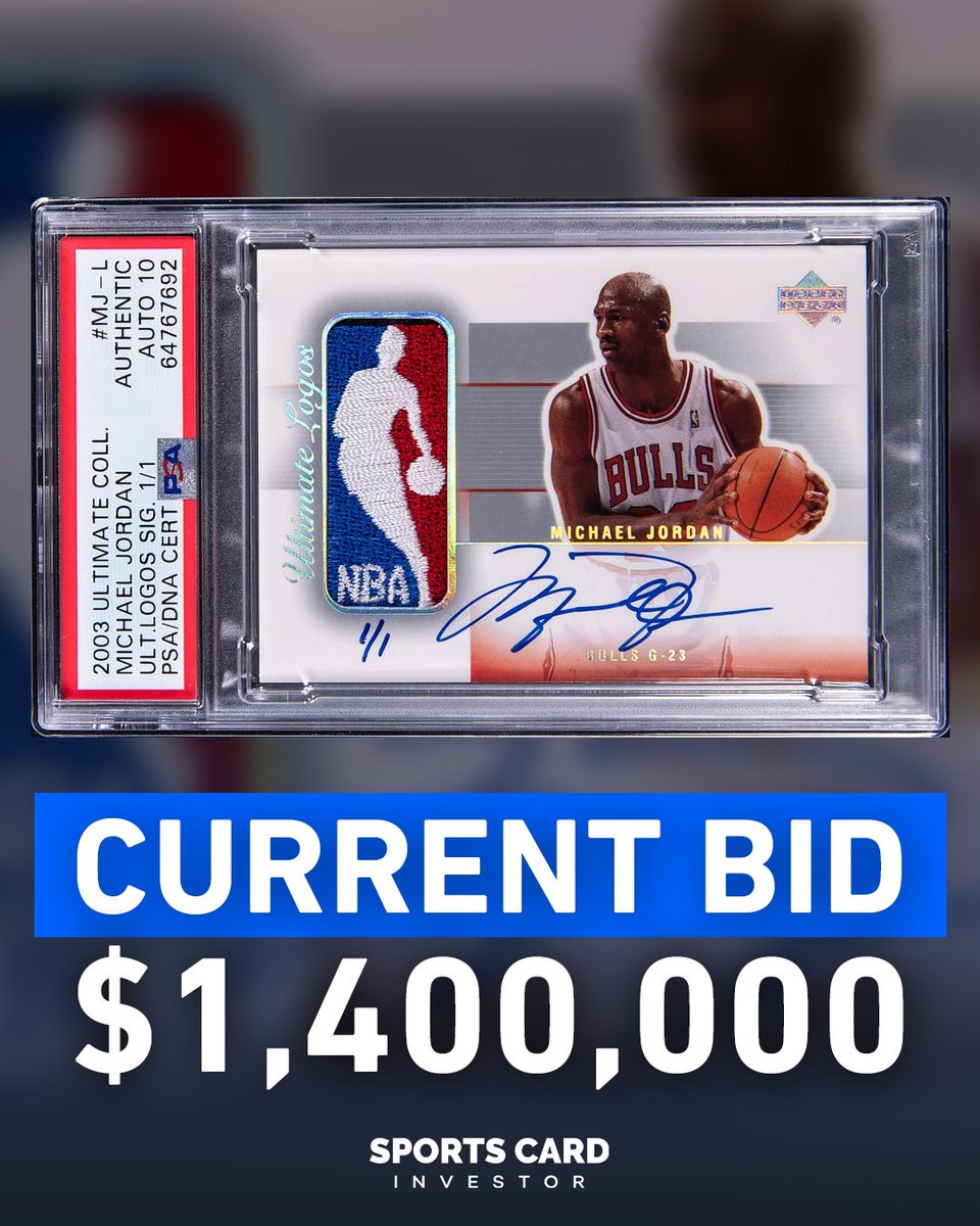 How much higher will this card go?! 🤔 It's only been a couple of days since the auction started for the Michael Jordan 2003-04 Upper Deck Ultimate Collection Game-Used Logoman 1/1 at @goldinco, and the bid's already at $1.4m, with over a month left.