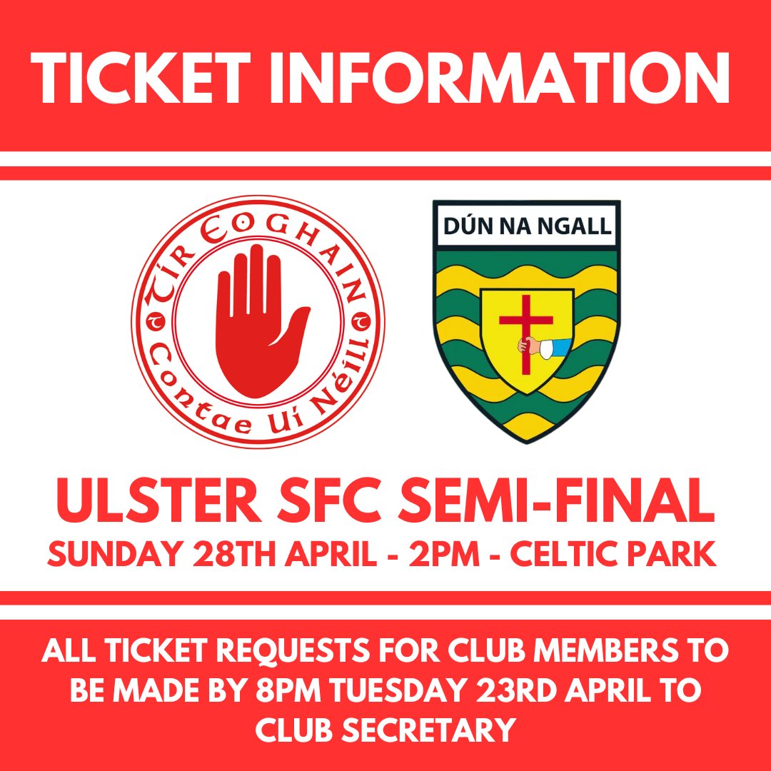 ⚪️🔴🎟 TICKET REQUESTS 🎟🔴⚪️ A request for tickets for Sundays Ulster SFC semi-final between Tyrone and Donegal can now be made by club members to the club secretary on 07887998464 or secretary.ardboeodonovanrossa.tyrone@gaa.ie by 8pm on Tuesday 23rd April!