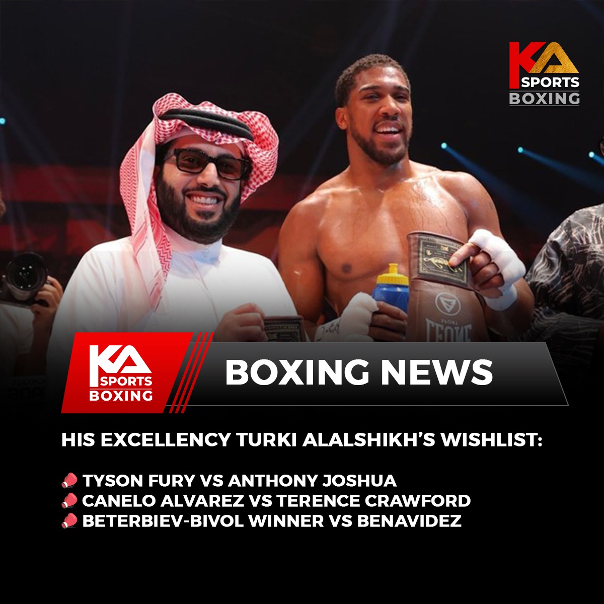 His Excellency,Turki Alalshik's wishlist 📃of the fights he wants to orchestrate.
Top of the list:
Tyson Fury Vs Anthony Joshua💪
#Boxing #Tysonfury #Saudi