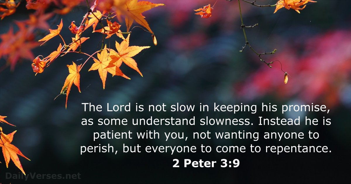 The Lord isn't slow about keeping his promises, as some people think he is. In fact, God is patient, because he wants everyone to turn from sin and no one to be lost. 2 Peter 3:9 CEV