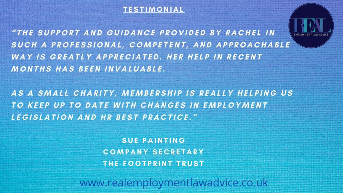 We have received this wonderful Testimonial for Solicitor Rachel Mehlfeld from The Footprint Trust Charity who are a member of our HR Harbour Service, which provides proactive and ongoing HR support for employers and businesses. 

 #positivefeedback  #hrsupport #ukemplaw