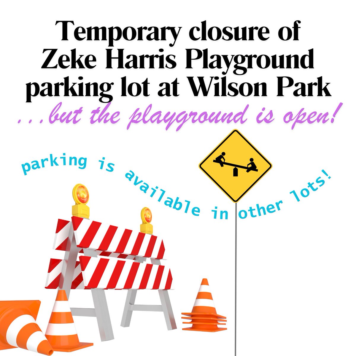 The Zeke Harris Memorial Playground parking lot at Wilson Park will be temporarily closed for maintenance this week. This temporary closure is only for the parking lot -- the playground and other parking areas will remain open! #northkingstown #rhodeisland