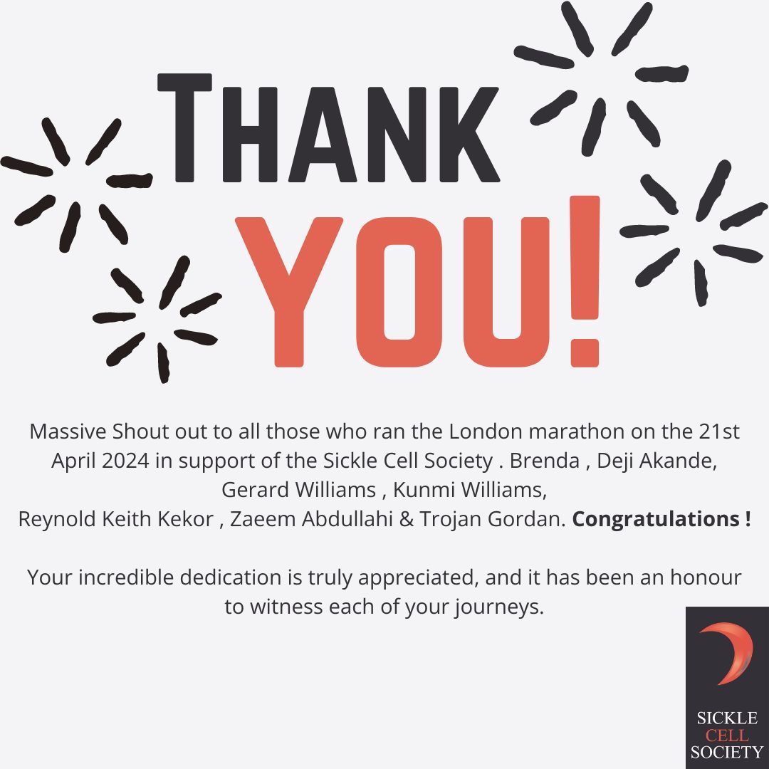 A huge thanks to all who ran the London Marathon on April 21 for the Sickle Cell Society: Brenda , Deji Akande, Gerard Williams, Kunmi Williams, Reynold Keith Kekor, Zaeem Abdullahi &amp; Trojan Gordan. Your dedication and support are truly inspiring. It's an honour to witness. 🎉