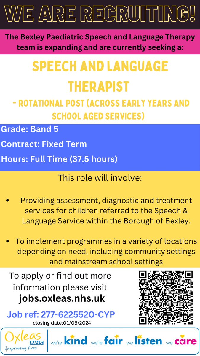 VACANCY ALERT ! 
An exciting Band 5 rotational opportunity has arisen across our early years and school aged service. 
To find out more and to apply please visit: oxleas.nhs.uk/latest-jobs
@OxleasNHS 
#BexleyBrightIdeas #SLTjobs #B5Jobs #NHSJobs