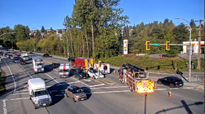 ⚠#BCHwy7B westbound vehicle incident at Pitt River Rd blocking the left lane in both directions. #MaryHillBypass #PoCo #Coquitlam