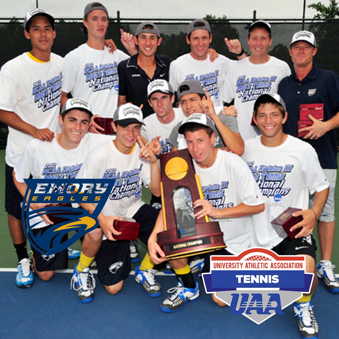 UAA History: 2012 Emory University Men's Tennis. Emory came back from a 2-0 deficit to defeat Kenyon 5-3, completing an undefeated season in winning its third NCAA title. Dillon Pottish and Brian Kowalski earned the Eagles' only doubles point, 9-8 (8-6) at No. 3.