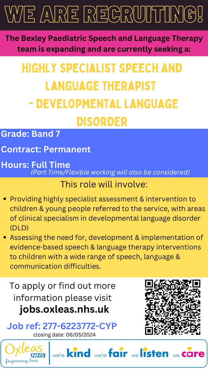 VACANCY ALERT ! An exciting Band 7 opportunity has arisen across our school aged service, specialising in Developmental Language Disorder (DLD). To find out more and apply please visit: oxleas.nhs.uk/latest-jobs/ @OxleasNHS #BexleyBrightIdeas #SLTJobs #B7Jobs #DLD #NHSJobs