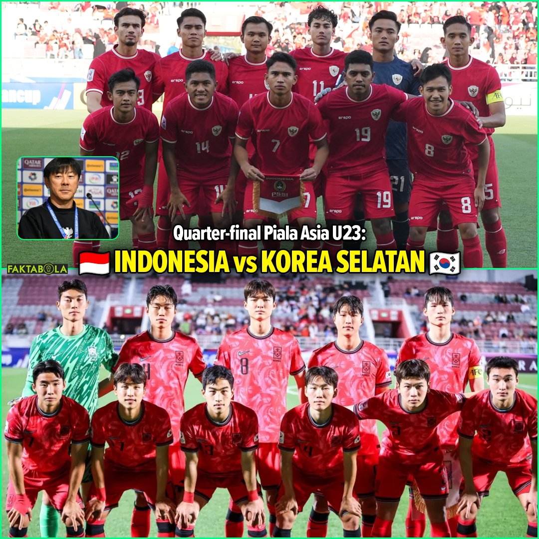 FaktaSepakbola's tweet photo. RESMI: Timnas Indonesia akan berhadapan dengan pemuncak klasemen Grup B, yakni Korea Selatan, di laga quarter-final Piala Asia U23 2024! 🇮🇩🇰🇷 https://t.co/8snVWPRxAT