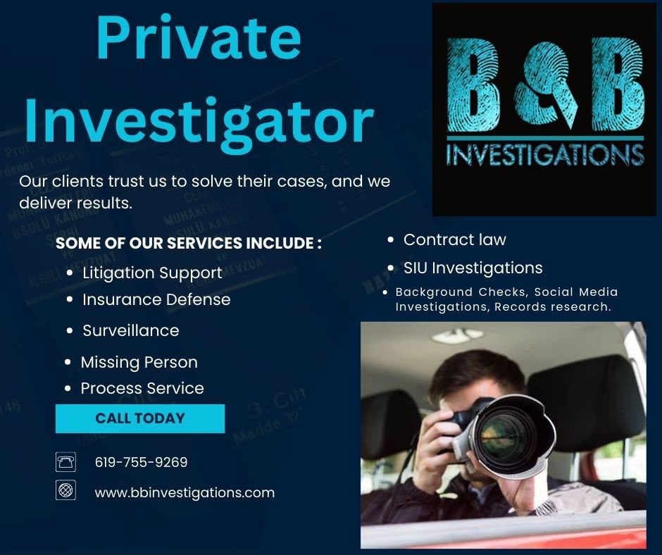 In need of an Investigator? 
San Diego based Private Investigator. 
Call 619-755-9269 
bbinvestigations.com
#privateinvestigator