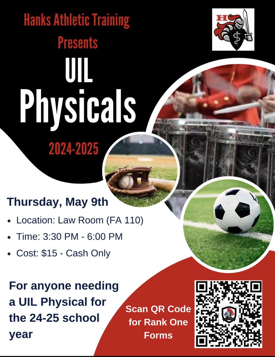 ⚔️ 🛡️ 🏰 UIL Physicals coming soon! Save the date! Thursday, May 9th! Hanks HS Law Room! $15! See you there! 🏰🛡️⚔️ ⚔️🛡️🏰Please share and retweet 🏰🛡️⚔️
