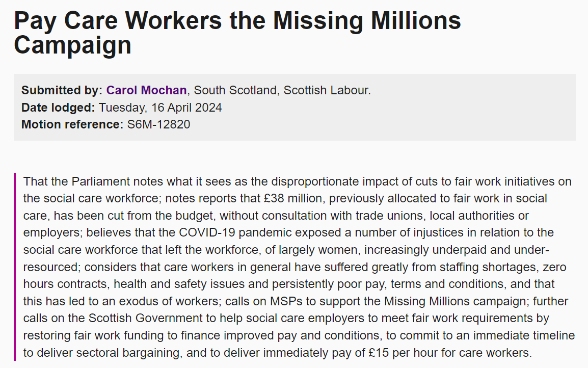 I have raised a motion to demand the Scottish Government pay careworkers the millions cut from fair work initiatives. This campaign is supported by trade unions across Scotland and I will be hosting them  in Parliament on Thursday to call for justice parliament.scot/chamber-and-co…