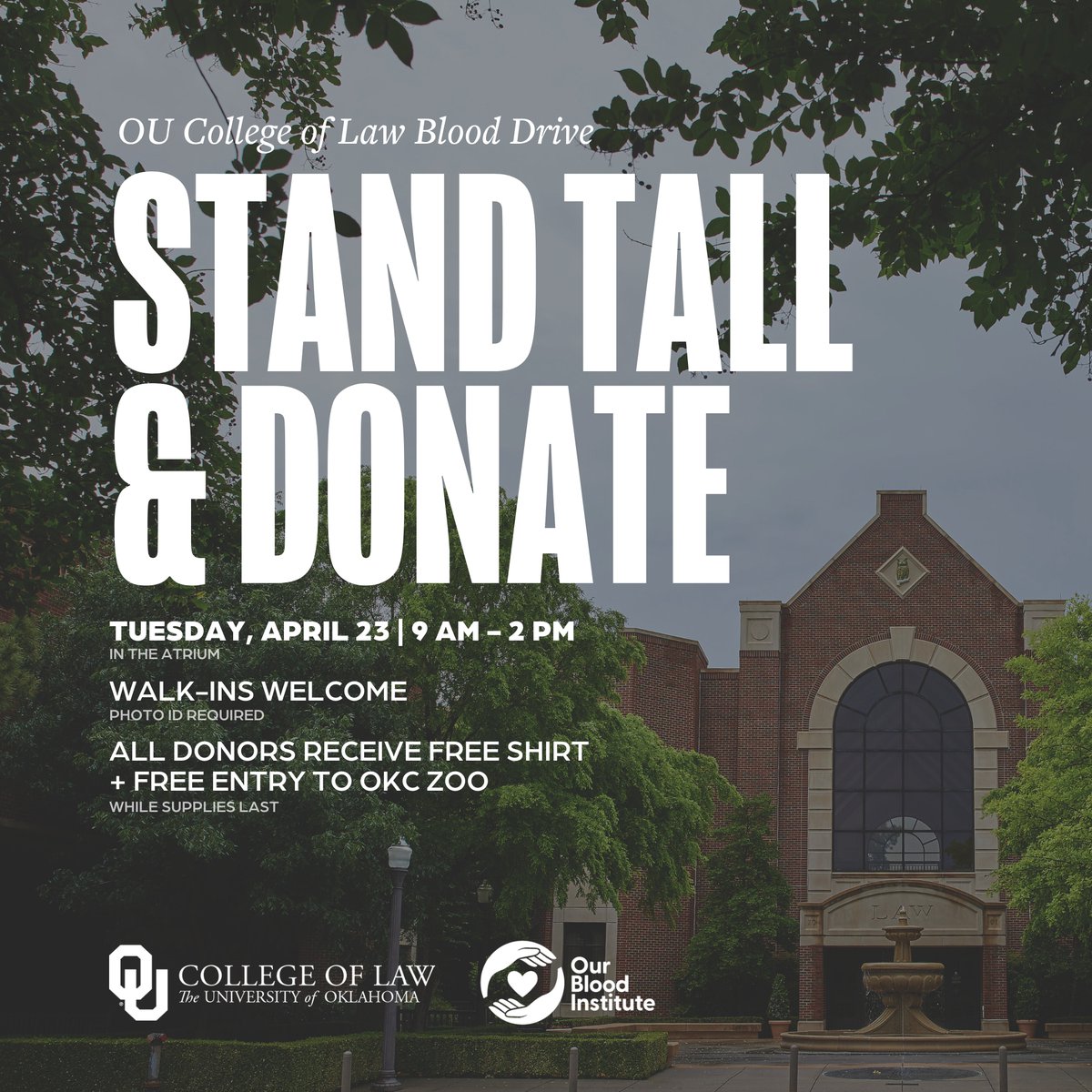 🚨 𝐁𝐥𝐨𝐨𝐝 𝐃𝐫𝐢𝐯𝐞 𝐭𝐨𝐦𝐨𝐫𝐫𝐨𝐰! 🚨 Join us in the Atrium from 9 a.m. to 2 p.m. on Tuesday, April 23, to participate and make a difference. All donors will receive a free shirt + free entry to @okczoo. @OurBloodInst | #OULaw🦉