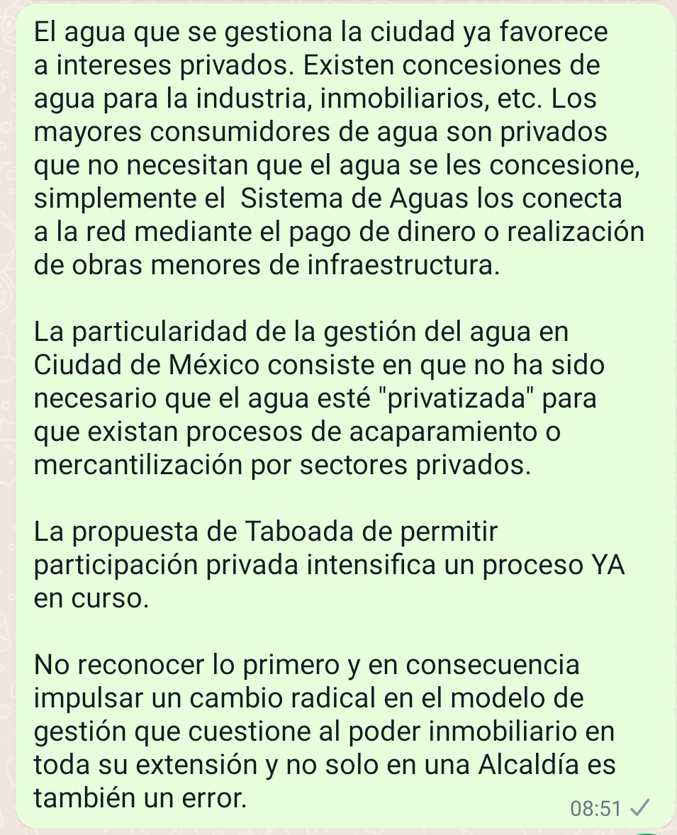 Sobre la privatización del agua en Ciudad de México.
