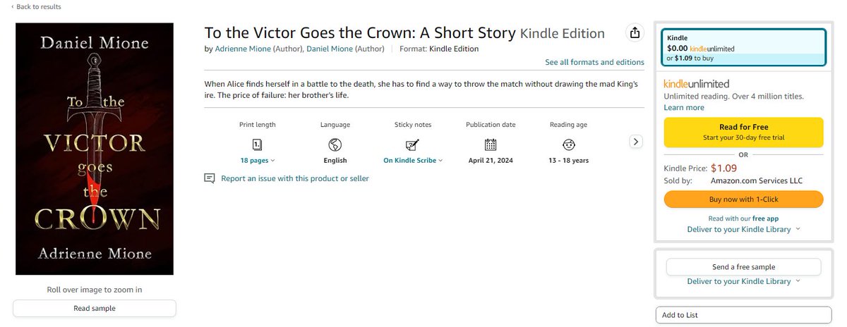 I published a short story to Kindle Unlimited! (Link in comments) To the Victor Goes the Crown! When Alice finds herself in a battle to the death, she has to find a way to throw the match without drawing the mad King's ire. The price of failure: her brother's life.