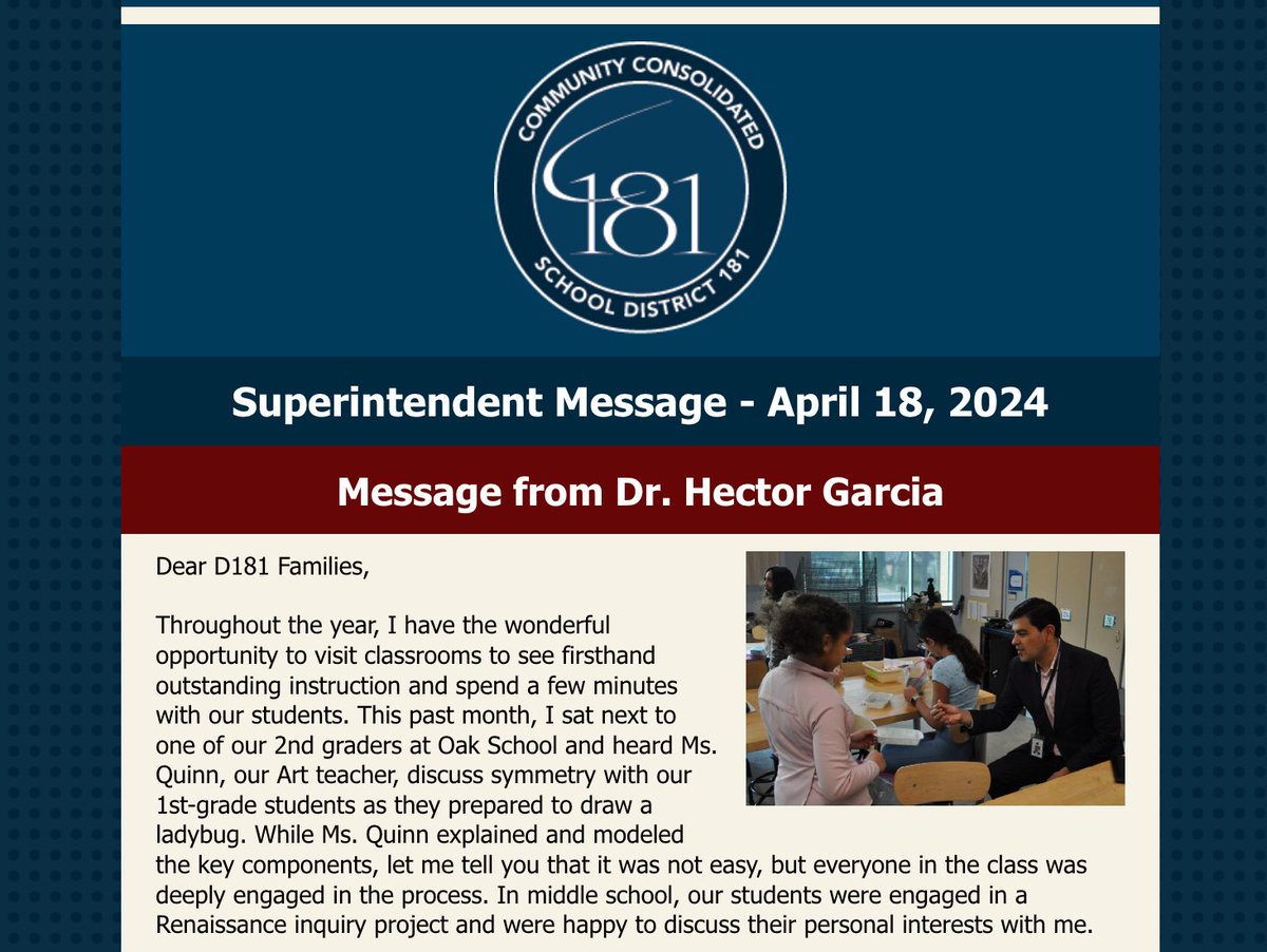 In case you missed it - D181 students explored ladybugs & the Renaissance! Plus, a district-wide eclipse event! See how our community & schools are thriving in the April Superintendent Message. conta.cc/4aLKKza