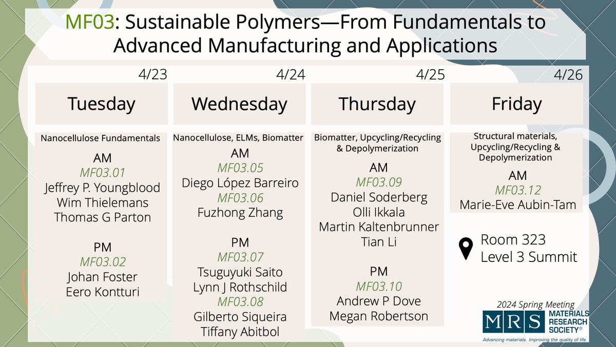 MRS week in Seattle finally! Join our #SustainablePolymers symposium from Tuesday to Friday in Room 323 Level 3, Summit. 📢52 speakers + 44 poster presentations Posters @ Tue/Thu Flex Hall C, Level 2, Summit 5-7pm) Hope to see y'all there! #S24MRS