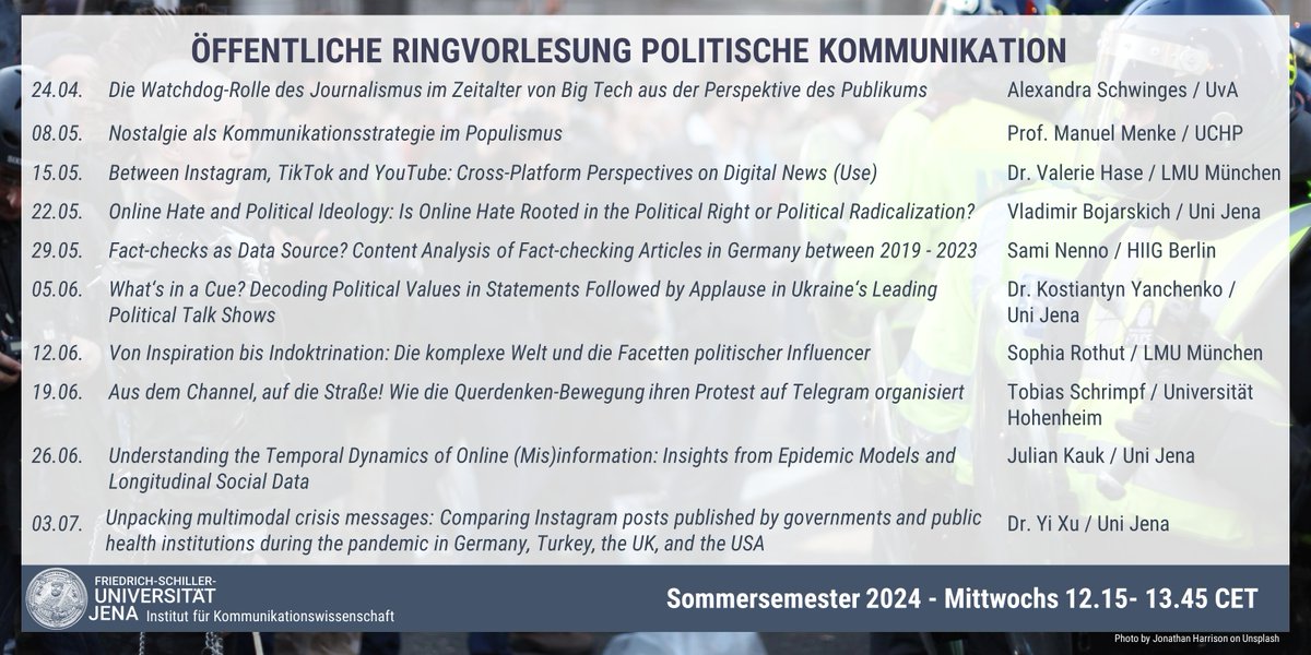 Herzlich Willkommen zur Ringvorlesung #PolitischeKommuniation in der SoSe24-Edition 🏖️
@unijena. Unsere erste öffentliche Veranstaltung findet an diesem Mittwoch, den 24.4. um 12:15  Uhr statt.