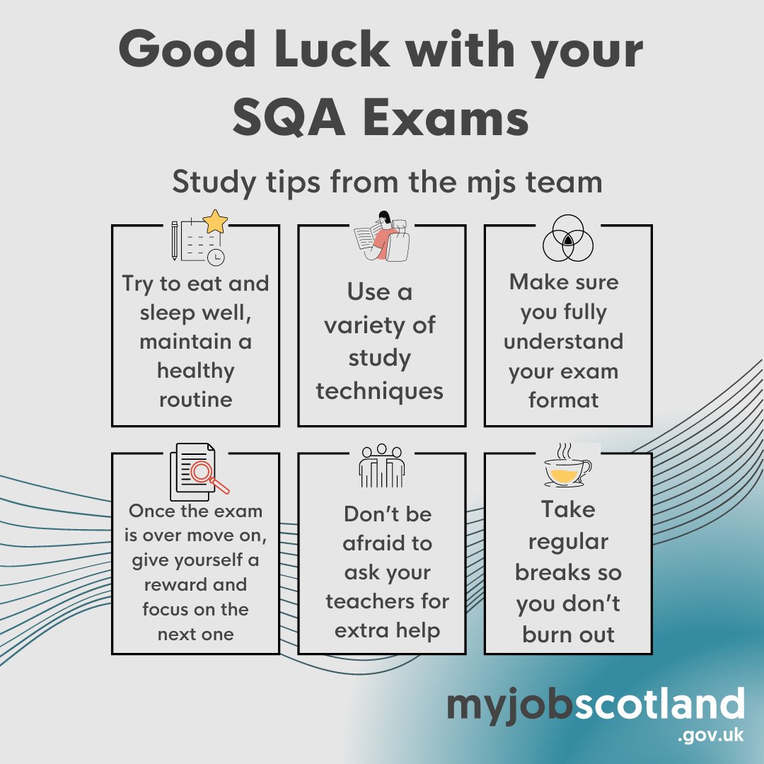 Good luck to everyone sitting their SQA exams! 💪 Our team have shared some of their tried and tested top tips for exam success 📚 Exams are very stressful so make sure to look after yourself as best you can during this time, you've got this! 🌟 #SQAexams #GoodLuck