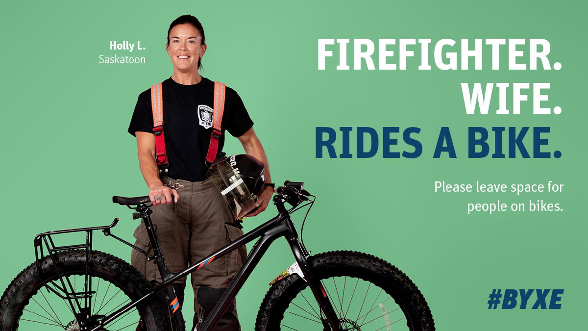 Slow down, where’s the fire? Drive 🚗 with care when you see ⛑️ firefighter Holly biking around Saskatoon. 🚴 Slow down and leave some space so we can all get there safely.  #BYXE @SaskatoonFire