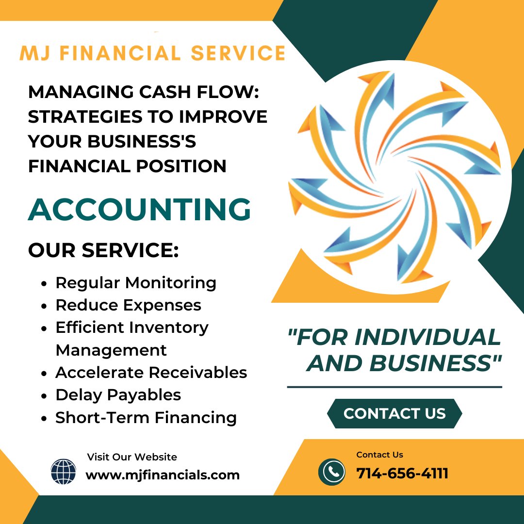 Enhance your business's financial health with MJ Financial Services! 
Let us help you improve your cash flow and financial position today!

Contact us today to learn more at mjfinancials.com

#AccountingTips #FinancialManagement #accounting #bookkeeping