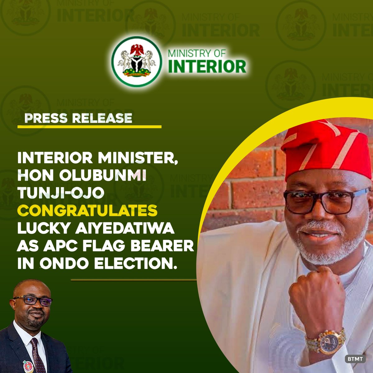 the new APC godfather of Ondo politics, Hon Olubunmi Tunji-Ojo felicitates with the flag bearer and current state governor on his victory at the party primaries. @OfficialAPCNg #RenewedHope