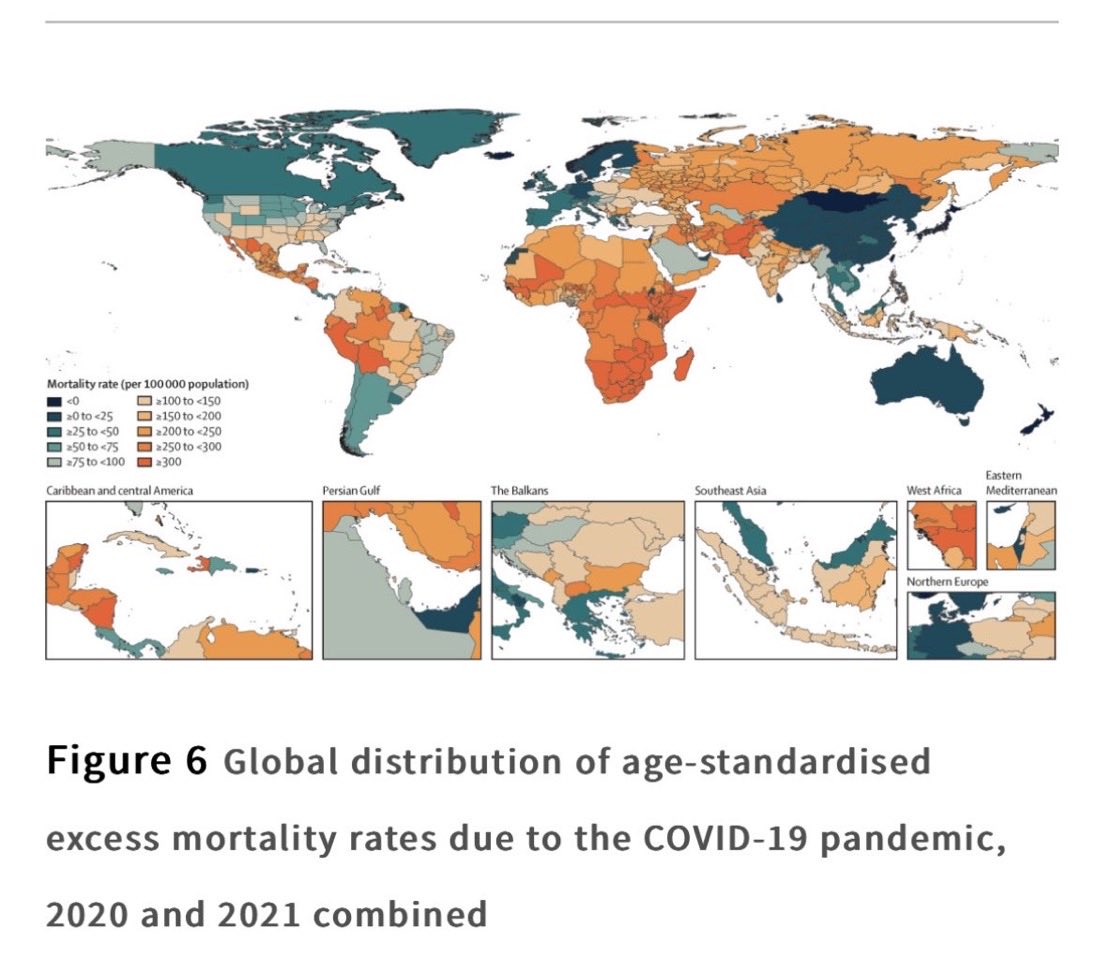 The Lancet’s age-standardized excess mortality estimates by country for the pandemic. The green is lower, the orange higher. When you correct for age, stories about the US and Europe suffering most look like a fiction, with sub-Saharan Africa hit hardest. thelancet.com/journals/lance…