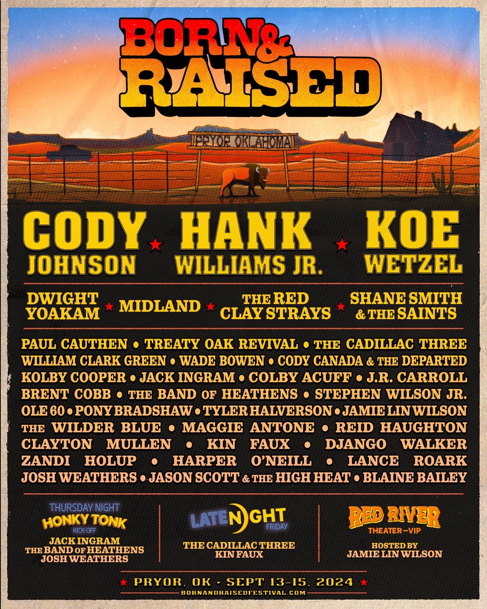 Dust off your boots for Born & Raised 2024! 🎸 The lineup is here and it's time to get rowdy. 🤠 Presale starts tomorrow—sign up now at bornandraisedfestival.com to secure your spot before public sale this Friday at 10am CT! Don't miss out! #BornAndRaisedFestival