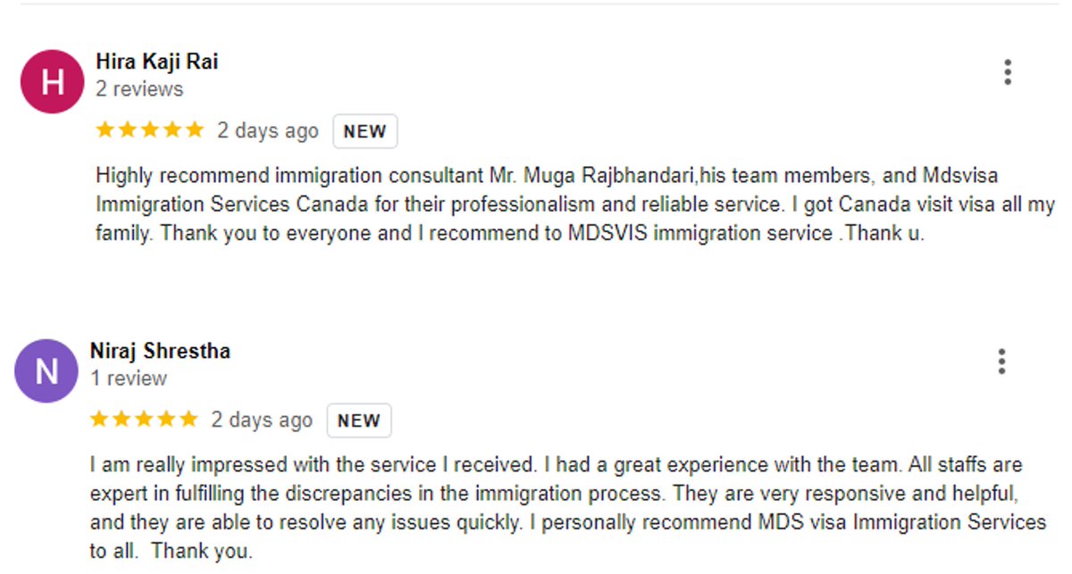 MugaRajbhandari's tweet photo. We are thrilled to receive positive feedback from our clients, expressing their satisfaction with our services and the value they find in recommending us!
#clientsreview #happyclients #WelcomeToCanada #mdsvisa #mugarajbhandari https://t.co/O0rpyHPHpH