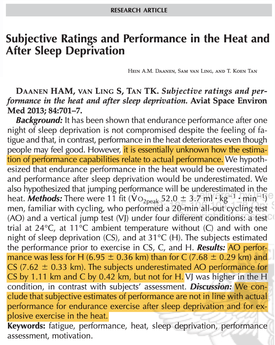 How does 1 night of sleep deprivation affect exercise performance? This study found performance in a 20-min all out cycling test was no different to after a full night of sleep. BUT... people believed their performance was substantially worse. Conclusion: 'subjective estimates…