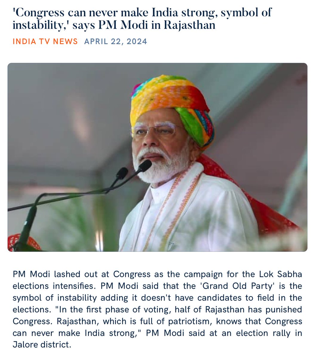 'Congress can never make India strong, symbol of instability,' says PM Modi in Rajasthan indiatvnews.com/rajasthan/pm-m… via NaMo App