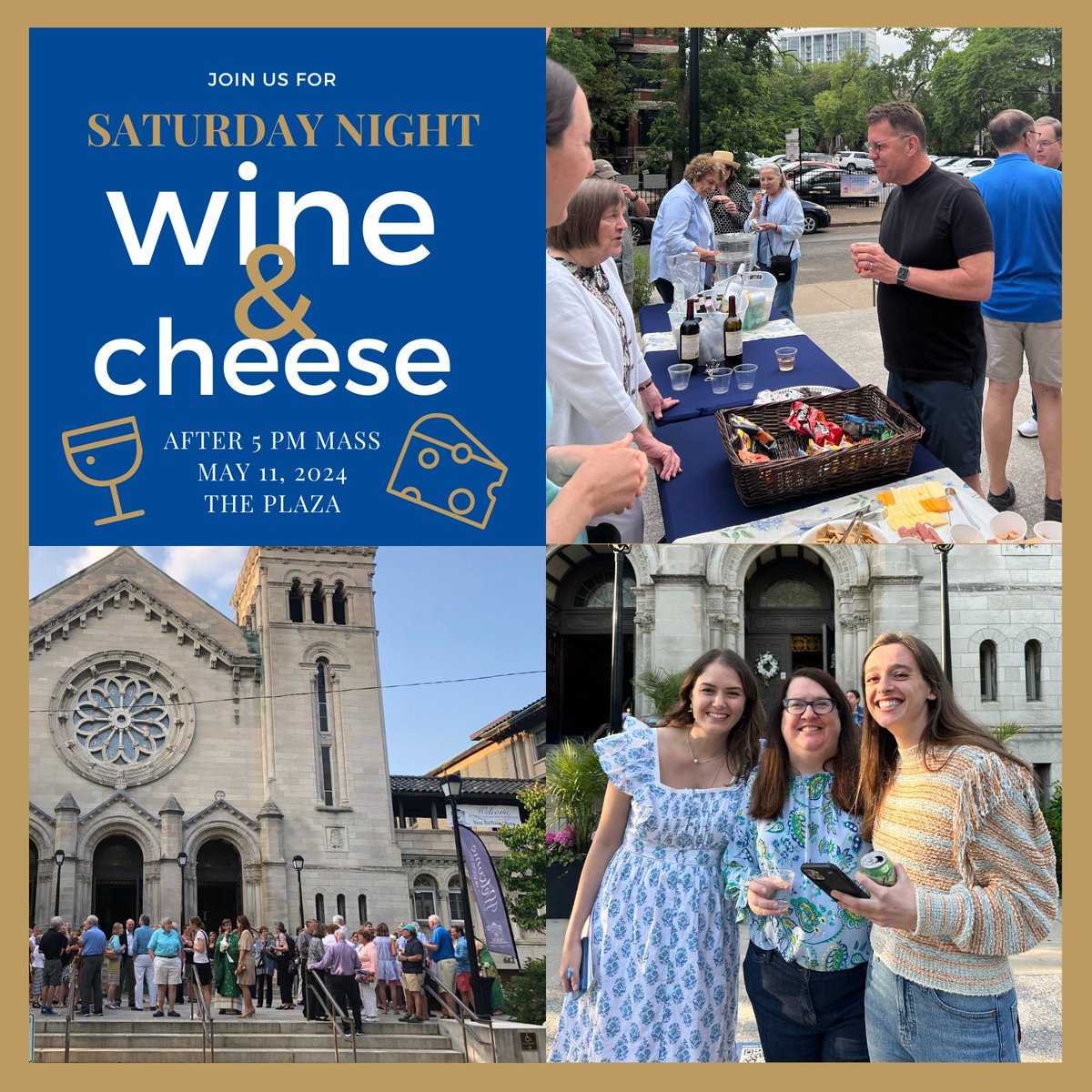 Saturday Night Wine + Cheese IS BACK! Join us in worship on Sat 5/11 at the 5pm Mass, followed by our social event!  We hope to see you there!

#saintclementparish #anchoredincommunity #wineandcheese #weekendhospitality #joinus #community #chicagocatholic