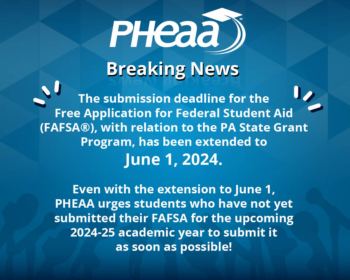 IMPORTANT UPDATE! PHEAA announced the deadline for submitting FAFSA forms regarding the PA State Grant Program has been extended to June 1. Even with this extension, students/families are encouraged to submit their FAFSA forms ASAP! Read more here: rb.gy/lw4ya8