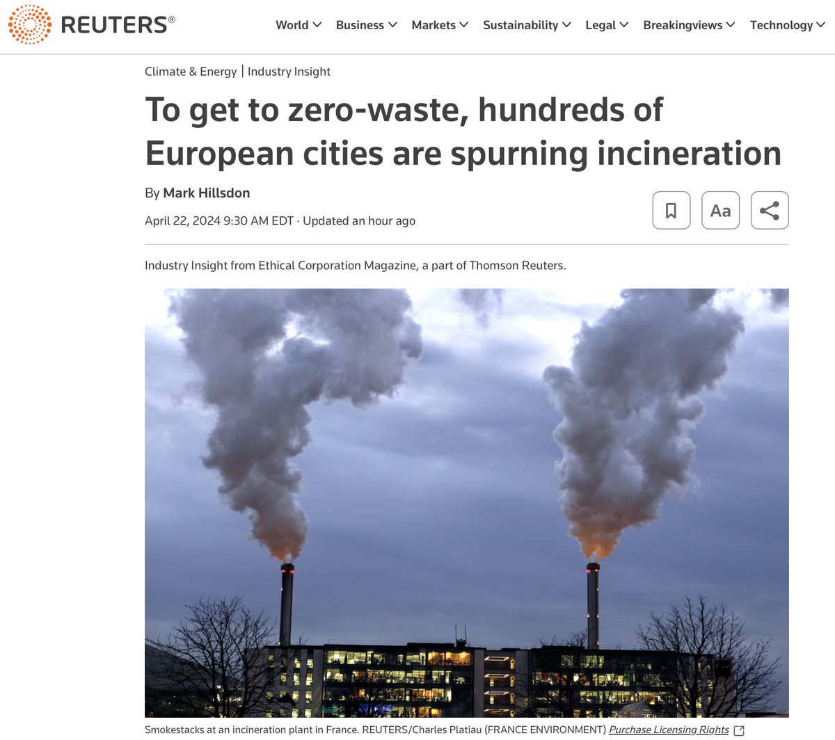 Incineration is the cleanest and most economical way to dispose of trash. Naturally, greens oppose it. reuters.com/sustainability…