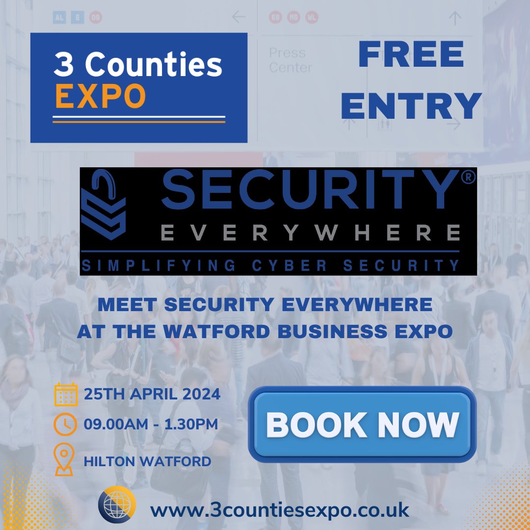 Cyber attacks can damage your business. Meet Security Everywhere at the expo to find out how you can mitigate the risks.
Follow <a href="/SecureEveryone/">Simplifying Cyber Security For Businesses</a>
Book your visitor ticket here
bit.ly/watfordexpo24
#watford